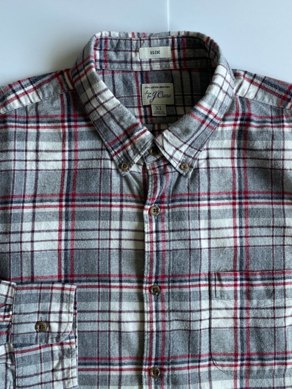 Sewn For J. Crew Shirt Mens XL Slim Flannel Plaid Gray & Red 100% Cotton